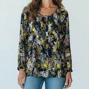 New J.Jill Top Women 2X Navy Floral Print Blouse Tunic Plus Size Covered Buttons